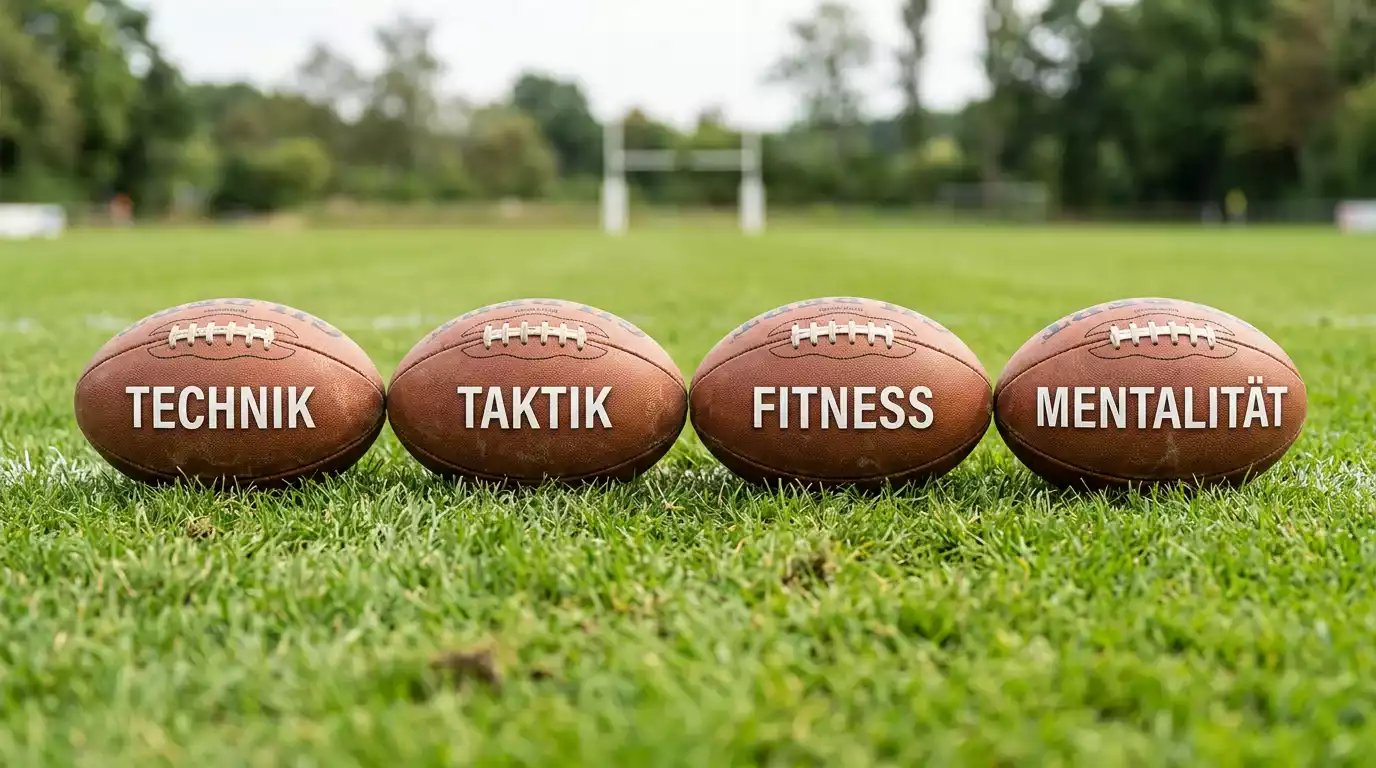 Vier nebeneinander aufgestellte Rugby-Bälle als Sinnbild für Bewertungskriterien eines Turniers