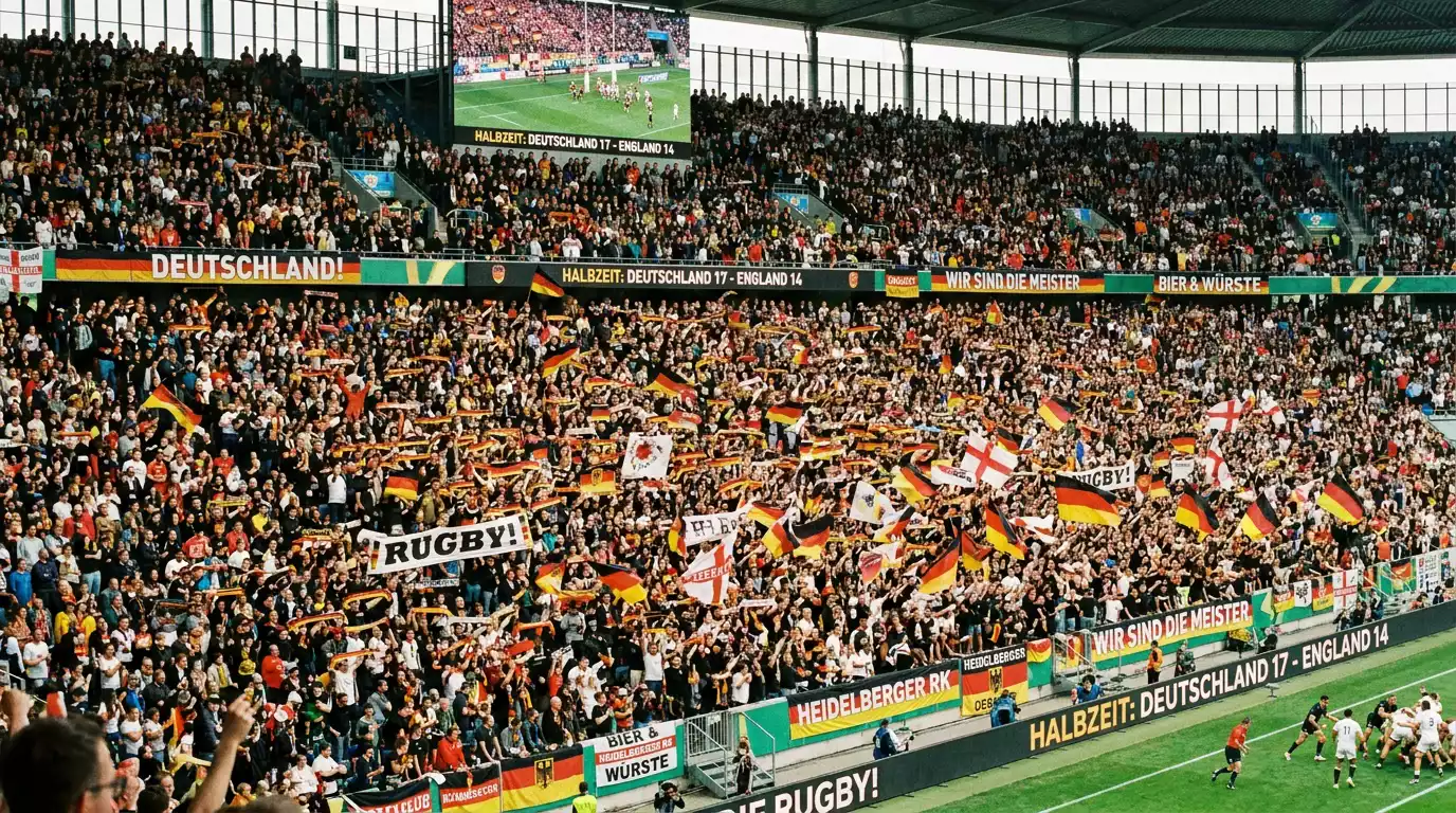 Voll besetzte Stadionränge bei einem grossen Rugby-Spiel als Zeichen hoher Markttiefe