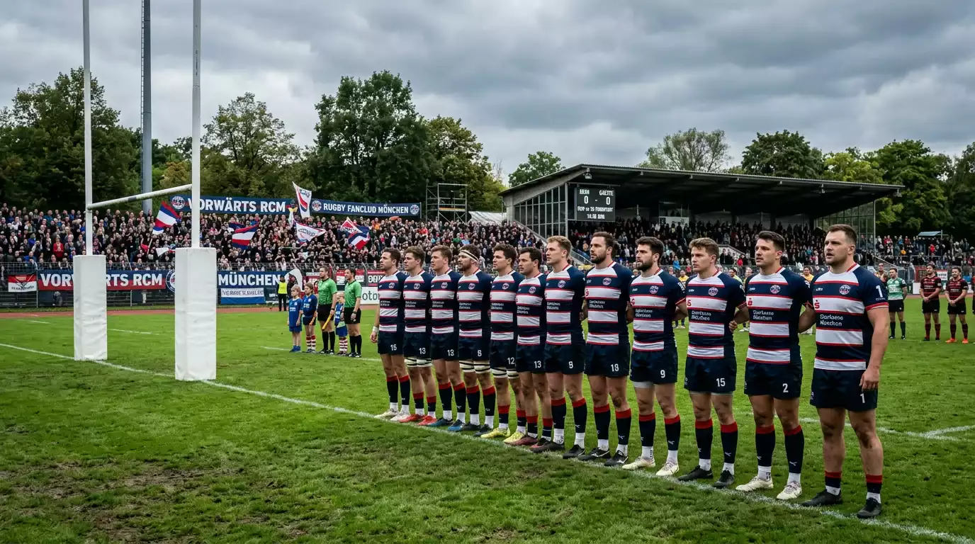 Eine Rugby-Union-Mannschaft mit fünfzehn Spielern auf dem Feld