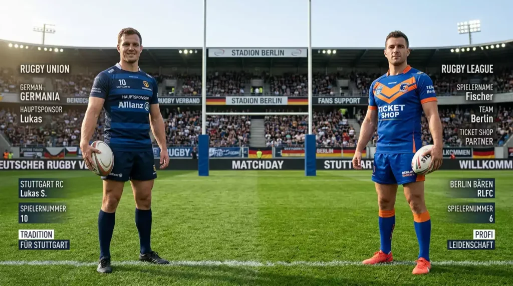 Zwei Rugbyspieler verschiedener Spielarten nebeneinander auf dem Spielfeld