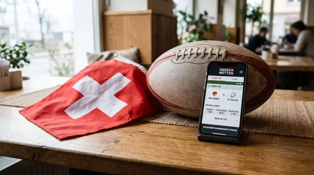 Schweizer Flagge neben Rugbyball und Smartphone mit Wett-App