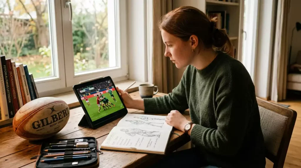 Einsteiger studiert ein Rugbyspiel mit Notizbuch und Tablet