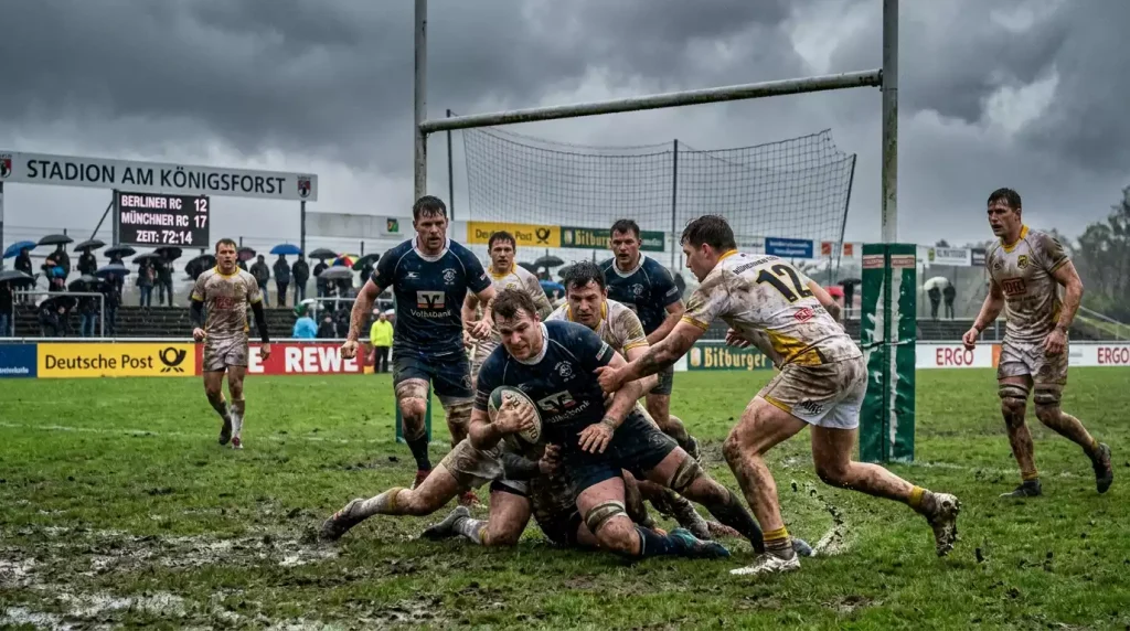 Rugbyspiel bei schwierigen Wetterbedingungen auf nassem Platz