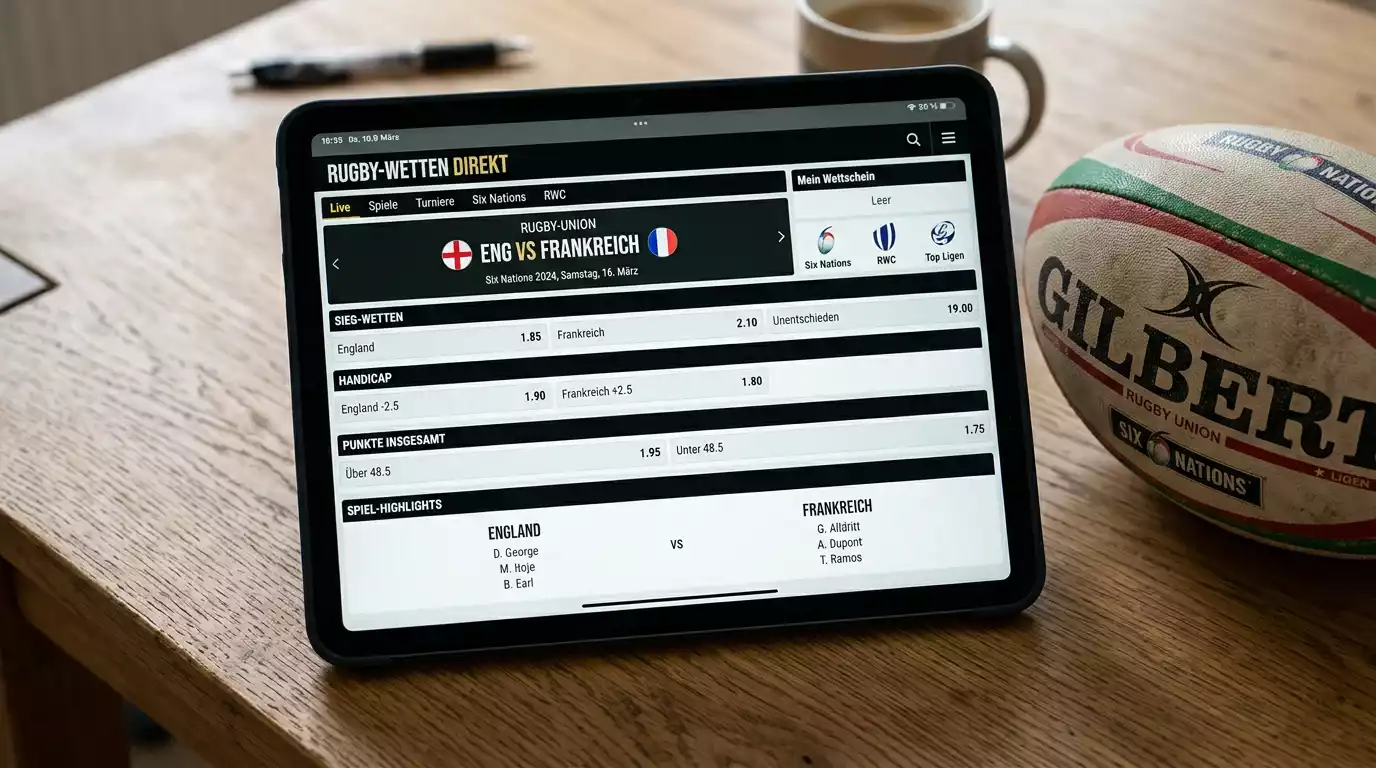 Aufgefächerte Übersicht verschiedener Rugby-Union-Wettmärkte auf einem Tablet