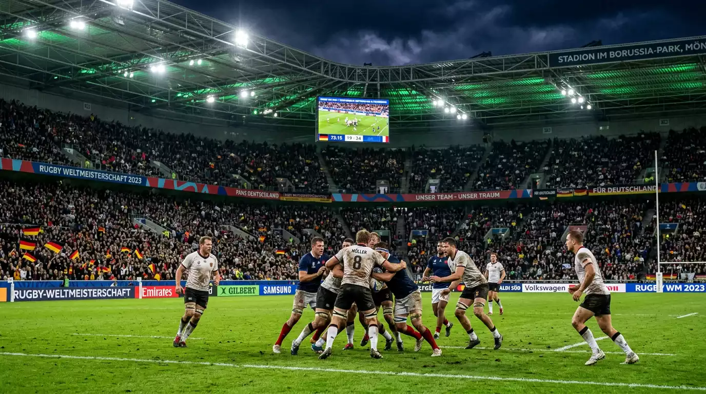 Internationales Rugby-Weltmeisterschaftsspiel im voll besetzten Stadion unter Flutlicht