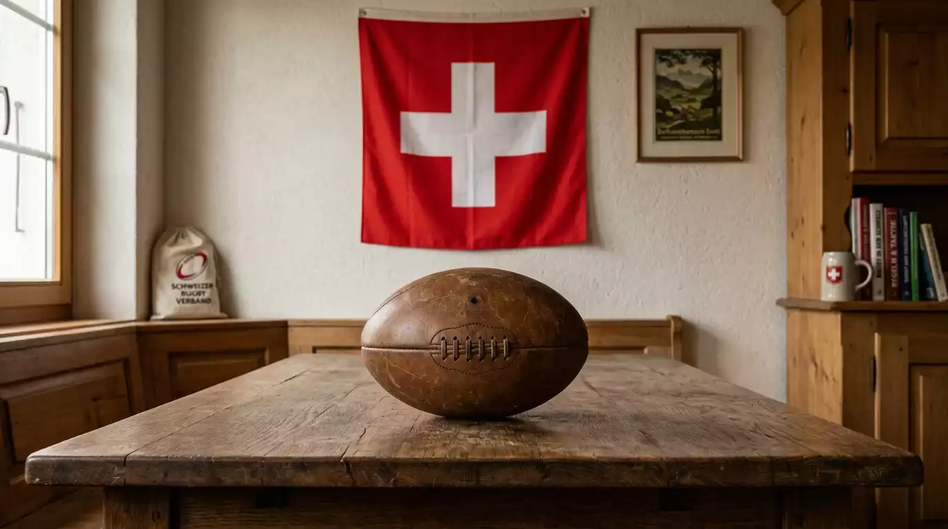Rugby-Ball vor einer Schweizer Fahne als Symbol des regulierten Wettmarkts