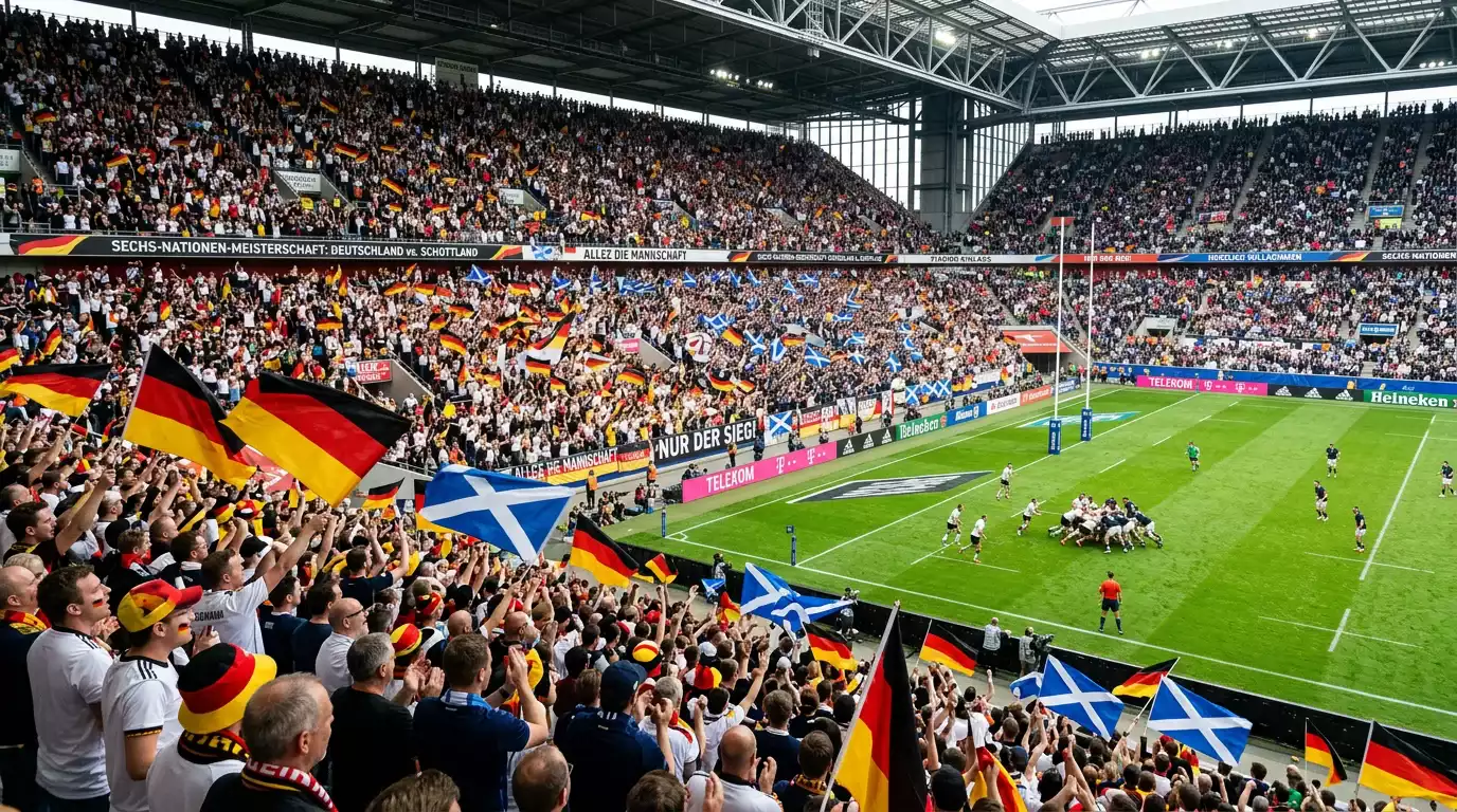 Voll besetztes Stadion bei einem Six-Nations-Spiel mit Fans in Nationalfarben