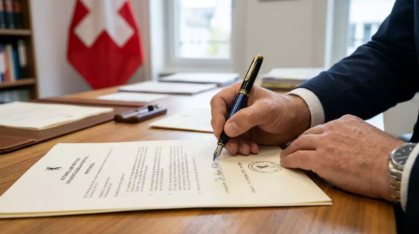 Unterzeichnung eines Gesetzesdokuments in der Schweiz