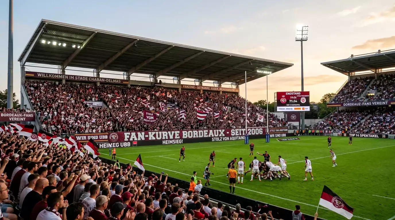 Französisches Vereinsstadion der Top 14 bei einem Heimspiel mit dichten Rängen