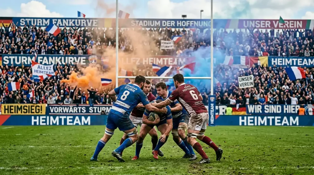 Lautstarke Atmosphäre bei einem französischen Klub-Rugbyspiel