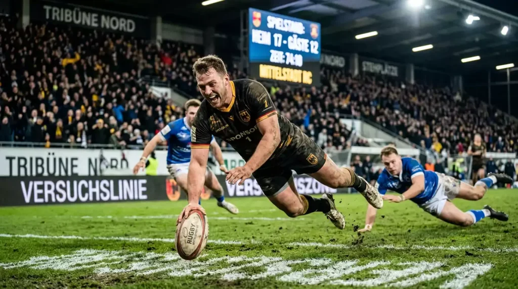 Rugbyspieler legt den Ball für einen Versuch im Malfeld ab