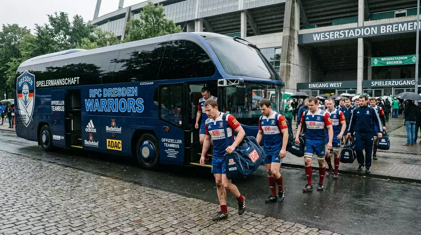 Rugby-Mannschaft steigt für ein Auswärtsspiel der URC aus einem Mannschaftsbus